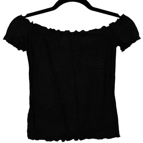 Brandy Melville Black Cropped Ribbed Ruffle Trim Short Sleeve Tee - OS - Picture 2 of 3